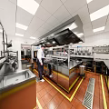 Commercial Kitchen With Stainless Steel Equipment Chef Hood Vent And Tile Walls