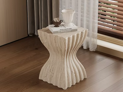 Modern Wave Design Side Table In Stone Texture With Books And Decorative Cup On Top 3d model