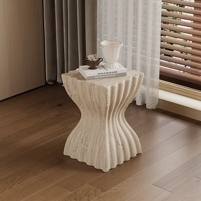 Modern Wave Design Side Table In Stone Texture With Books And Decorative Cup On Top 3d model