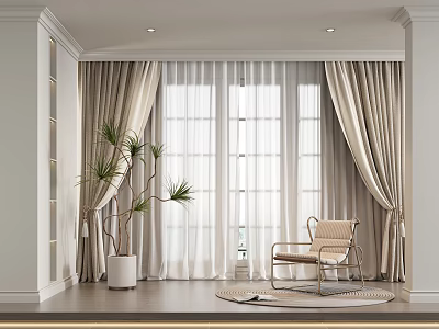 Beige Linen Curtains In Living Room With Large Windows And Cozy Chair 3d model