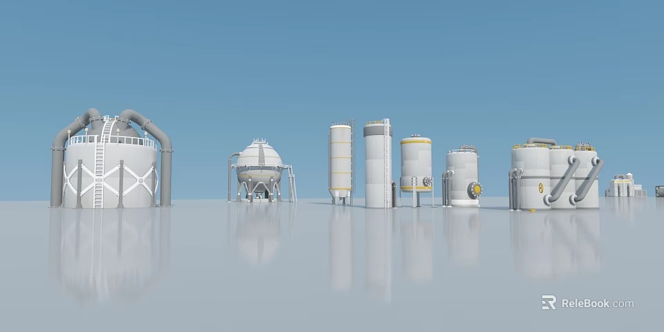 Large White Industrial Swing Door On Cylindrical Tanks With Pipes And Reflective Ground 3d model 