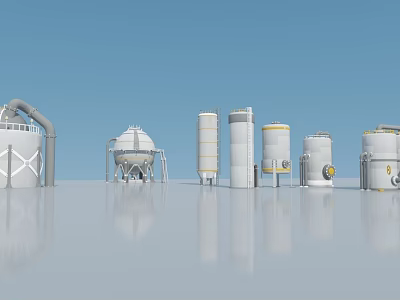 Large White Industrial Swing Door On Cylindrical Tanks With Pipes And Reflective Ground 3d model