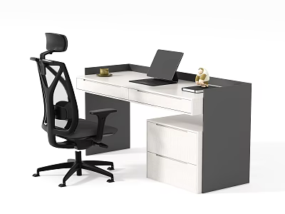 Modern Black And White Desk With Laptop Gold Decorations And Office Chair 3d model