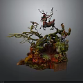 Whimsical Fantasy Scene Sculpture With Deer Figure Twisted Branches Green Foliage Moss And Wooden Base