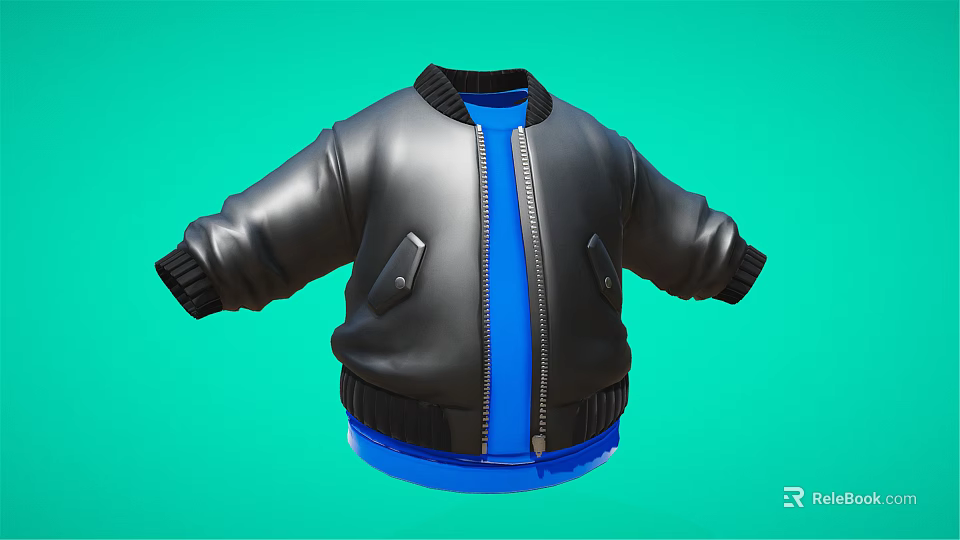 Black Leather Jacket with Blue Inner Layer Front Zipper Closure Ribbed Cuffs and Hem Pockets 3d model 