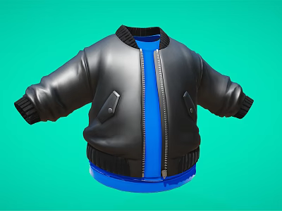 Black Leather Jacket with Blue Inner Layer Front Zipper Closure Ribbed Cuffs and Hem Pockets 3d model