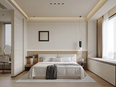 Modern Bedroom Interior With White Bedding Decorative Painting Window Curtains And Rug 3d model