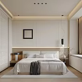 Modern Bedroom Interior With White Bedding Decorative Painting Window Curtains And Rug