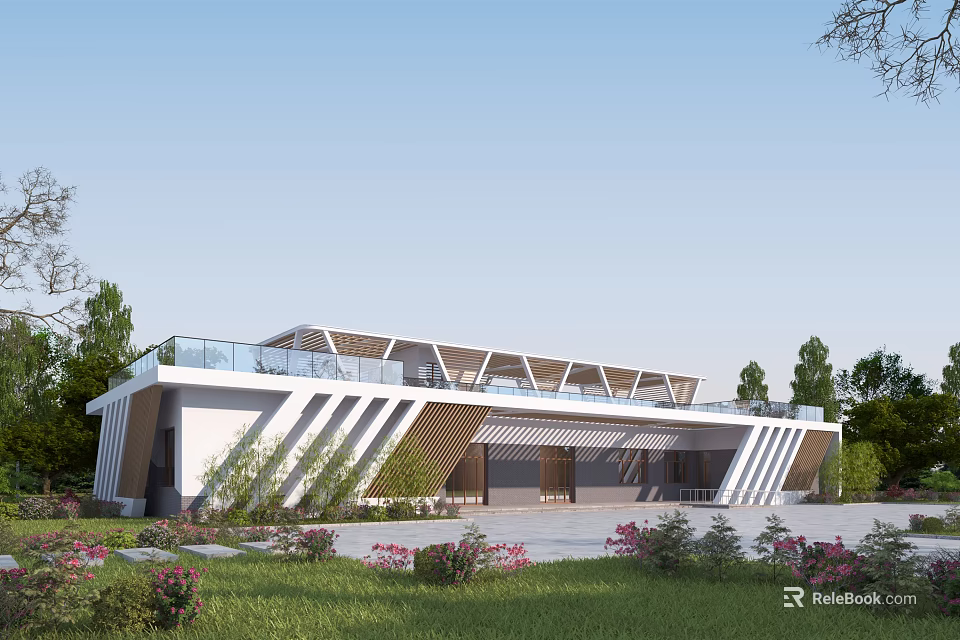 Modern Architecture Exterior With White Walls Glass Railing And Sloped Roof Surrounded By Greenery 3d model 