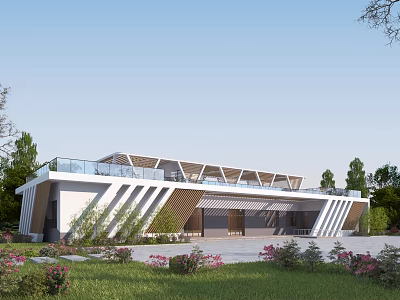 Modern Architecture Exterior With White Walls Glass Railing And Sloped Roof Surrounded By Greenery 3d model