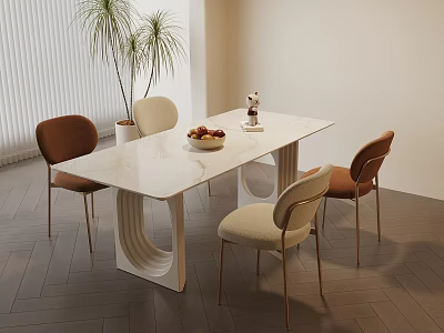 Modern Dining Room Interior With White Table Chairs Fruit Bowl And Plants 3d model