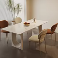 Modern Dining Room Interior With White Table Chairs Fruit Bowl And Plants