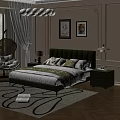 Modern Bedroom Interior With Green Tufted Headboard Wicker Hanging Chair And Wall Art