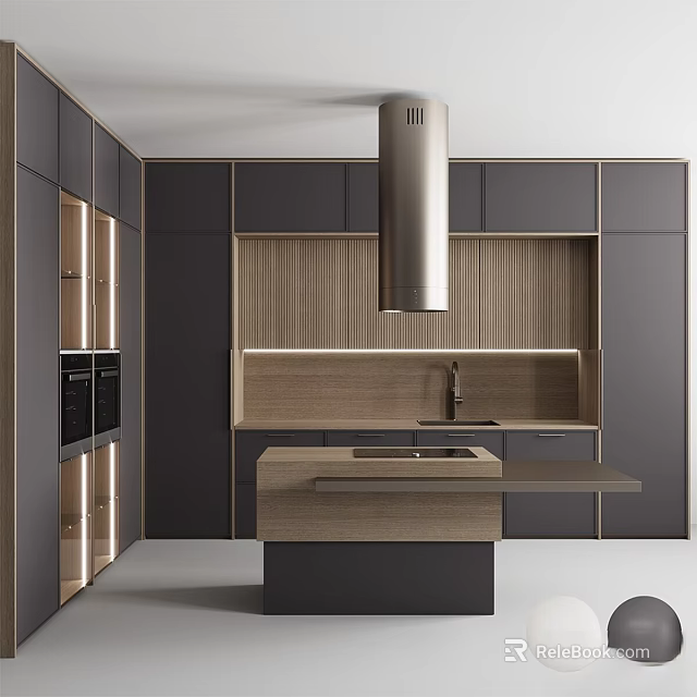 Modern Kitchen With Dark And Wooden Cabinets Island Range Hood And Sink 3d model 