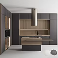 Modern Kitchen With Dark And Wooden Cabinets Island Range Hood And Sink