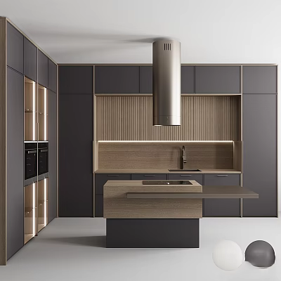 Modern Kitchen With Dark And Wooden Cabinets Island Range Hood And Sink 3d model