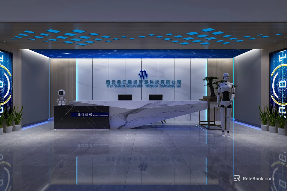 Modern Reception Desk in Technology Company with Robots Marble Countertop and Blue Ceiling Lights 3d model 