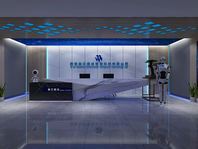 Modern Reception Desk in Technology Company with Robots Marble Countertop and Blue Ceiling Lights 3d model