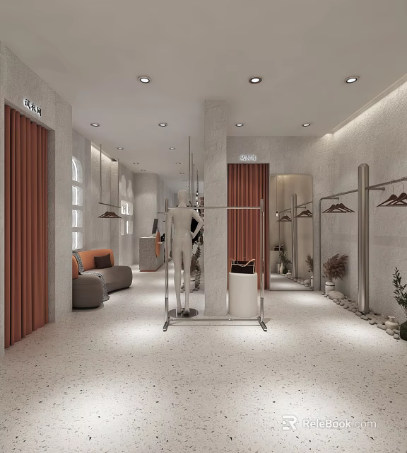 Minimalist Clothing Store Interior Design With Mannequin Clothing Racks Sofa Plants And Lighting 3d model 