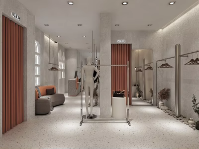 Minimalist Clothing Store Interior Design With Mannequin Clothing Racks Sofa Plants And Lighting 3d model