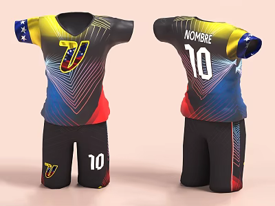Yellow Blue Red Soccer Jersey Shorts with Geometric Pattern Star V Logo Number 10 NOMBRE 3d model