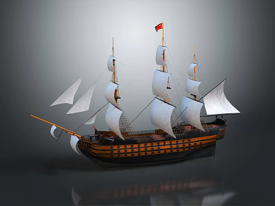 Vintage Sailing Ship With Multiple Masts White Sails Black Orange Hull And Red Flag Reflection 3d model