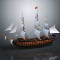 Vintage Sailing Ship With Multiple Masts White Sails Black Orange Hull And Red Flag Reflection