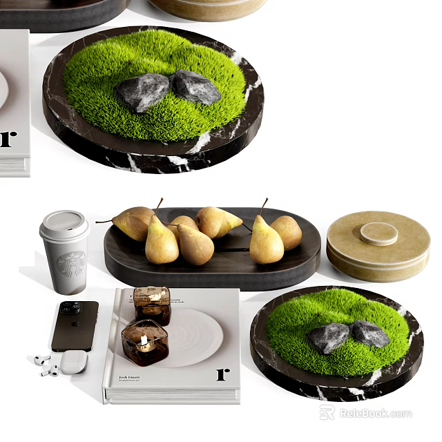 Moss Stones Marble Base Decorative Ornament Set With Pears Coffee Cup And Phone 3d model 