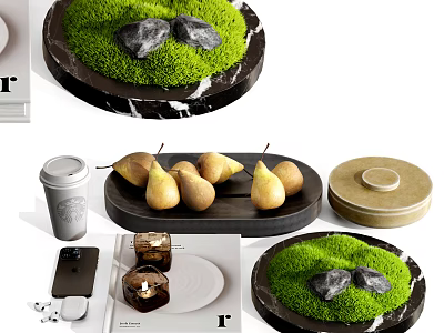 Moss Stones Marble Base Decorative Ornament Set With Pears Coffee Cup And Phone 3d model