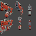3D Modeled Orange and Gray Mechanical Weapons With Various Styles Including Rifles and Pistols