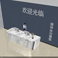 3D Model Reception Desk With Marble Countertop Blue Backdrop Wall And Welcome Sign
