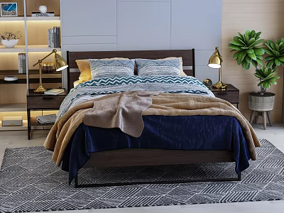 Modern Double Bed in Bedroom with Cozy Comforter Pillows Nightstands and Plants 3d model