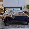 Modern Double Bed in Bedroom with Cozy Comforter Pillows Nightstands and Plants