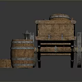 Antique Wooden Cart with Barrels Stone Mill and Wooden Boxes