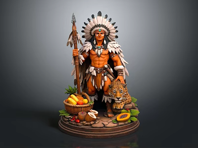 Native American Statue With Feathered Headdress Spear Leopard And Fruit Basket 3d model