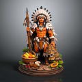 Native American Statue With Feathered Headdress Spear Leopard And Fruit Basket