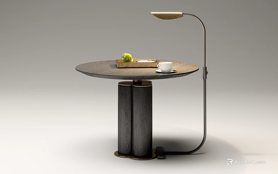 Contemporary Round Dining Table Set with Black Cylindrical Legs Fruit Cup Tray and Floor Lamp 3d model 