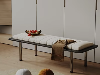 Modern Upholstered Bench With Metal Legs Fruit Basket And Throw Blanket In Wooden Floor Interior 3d model