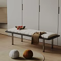 Modern Upholstered Bench With Metal Legs Fruit Basket And Throw Blanket In Wooden Floor Interior