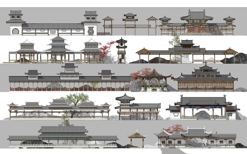 Traditional Chinese Pergola Designs With Various Roof Structures And Garden Elements 3d model