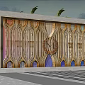 Decorative Feature Wall With Colorful Stripes Laurel Emblem Top Green Plants And Front Lawn