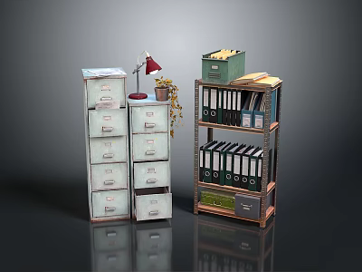 Organized Office Storage With White Filing Cabinets Red Desk Lamp Multi Tiered Bookshelf And Binders 3d model