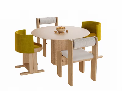 Modern Round Wooden Table and Chair Set with Green Light Gray Upholstered Chairs 3d model