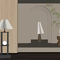 Modern Floor Lamp With Pleated Shade Black Pole Arched Mirror Wooden Wall And Bamboo