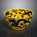Traditional Yellow Bowl With Blue Dragon Patterns For Daily Household Use