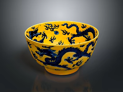 Traditional Yellow Bowl With Blue Dragon Patterns For Daily Household Use 3d model