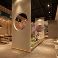 Cozy Japanese Restaurant With Cherry Blossom Trees Wooden Decor And Open Layout
