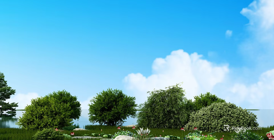Lush Green Bushes In Garden Landscape With Blue Sky White Clouds Trees Flowers And Stones 3d model 