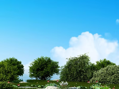 Lush Green Bushes In Garden Landscape With Blue Sky White Clouds Trees Flowers And Stones 3d model