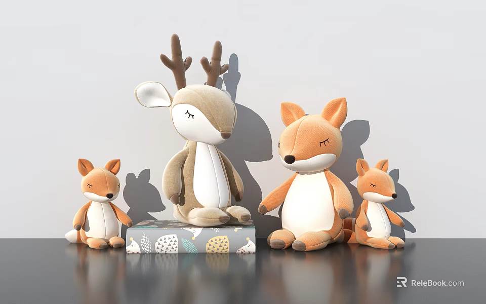 Cute Soft Plush Animal Toys Including Deer And Fox In Various Sizes 3d model 